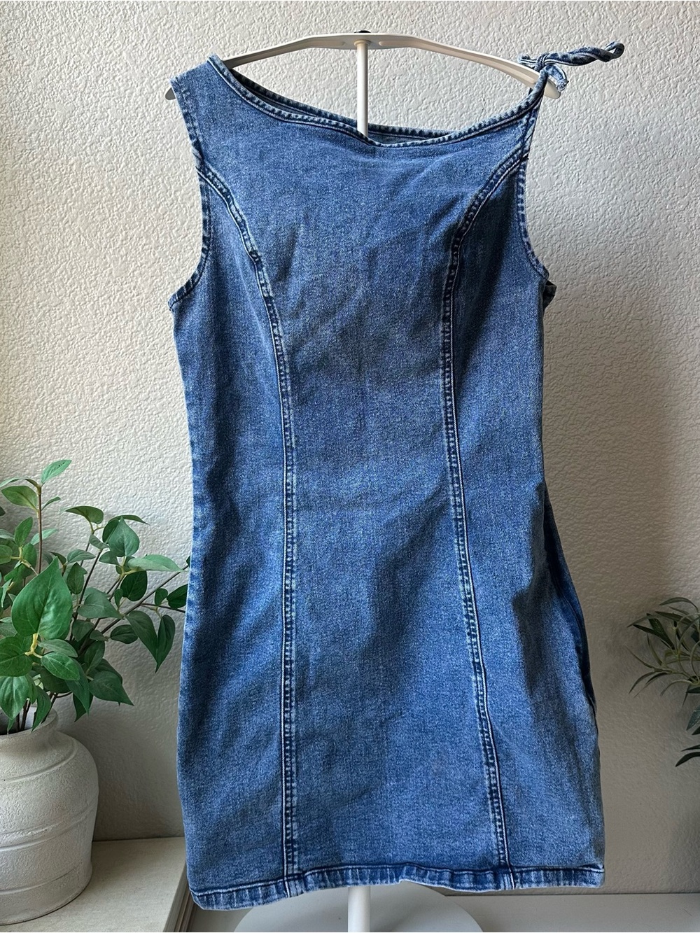 Forever 21 Blue Denim Mini Dress with One-Shoulder Tie